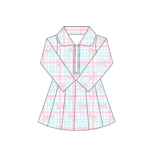 presale GLD1106 Baby Girls Long Sleeves Pink Bows Plaid Zipper Knee Length Dresses  D 5.30
