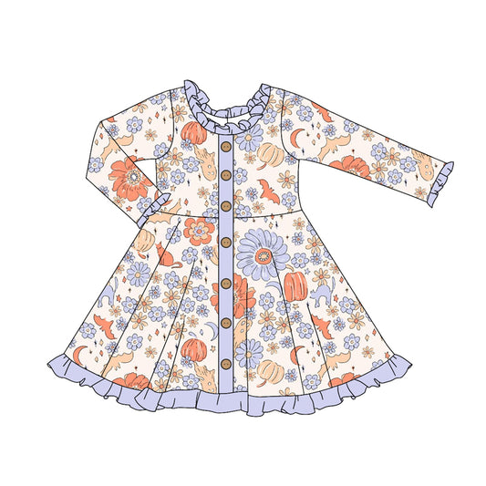 presale GLD1107 Baby Girls Long Ruffle Sleeves Daisy Flowers Pumpkins Button Knee Length Dresses D 5.30