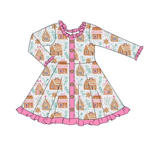 presale GLD1108  Baby Girls Long Ruffle Sleeves Houses Snowflake Button Knee Length Dresses D 5.30
