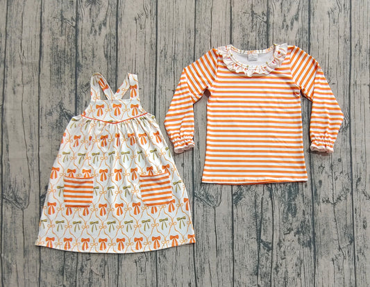 presale GLD1110  Baby Girls Stripe Long Sleeves Top Pockets Knee Length Dresses Set  D 6.2