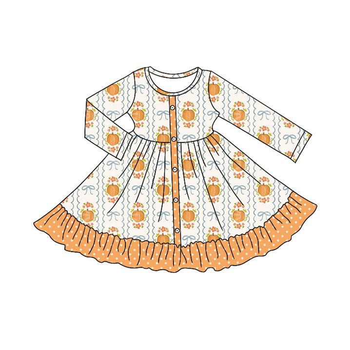 GLD1111 Baby Girls Long Sleeves Pumpkins Bows Plaid Button Ruffle Knee Length Dresses  D 8.2