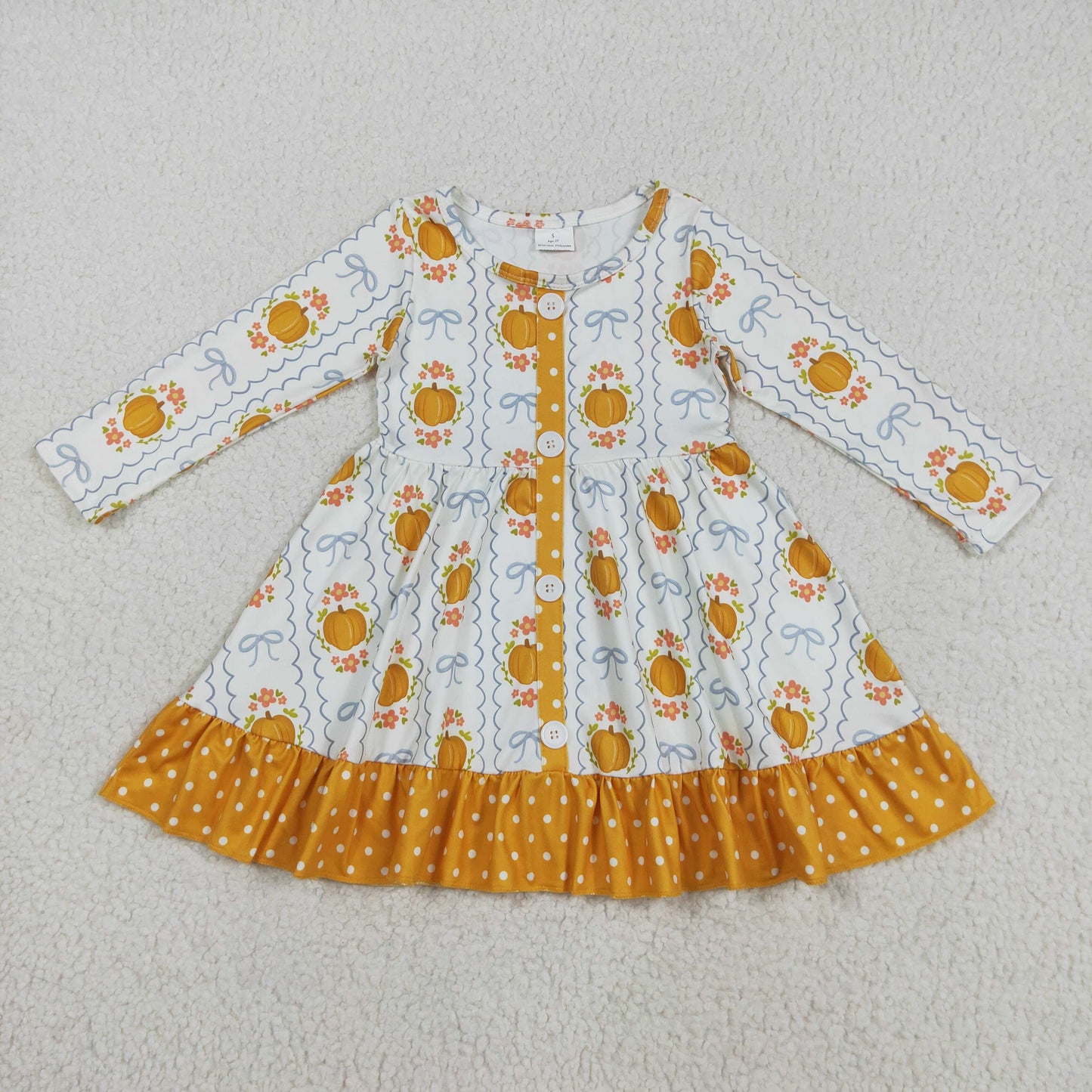 GLD1111 Baby Girls Long Sleeves Pumpkins Bows Plaid Button Ruffle Knee Length Dresses  D 8.2