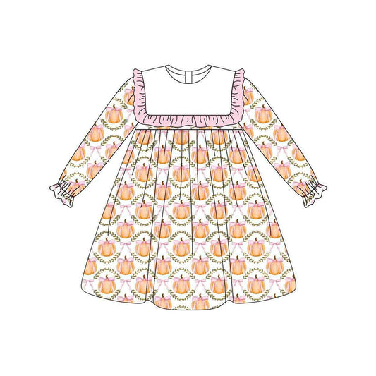 presale GLD1112 Baby Girls Long Ruffle Sleeves Pumpkins Bows Plaid Knee Length Dresses D 6.3