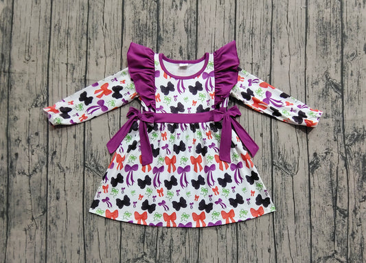 presale GLD1113 Baby Girls Long Ruffle Sleeves Colorful Bows Plaid Knee Length Dresses  D 7.17