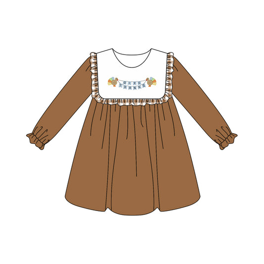 presale GLD1114  Baby Girls Brown Long Ruffle Sleeves Turkey Give Thanks Knee Length Dresses  D 6.3