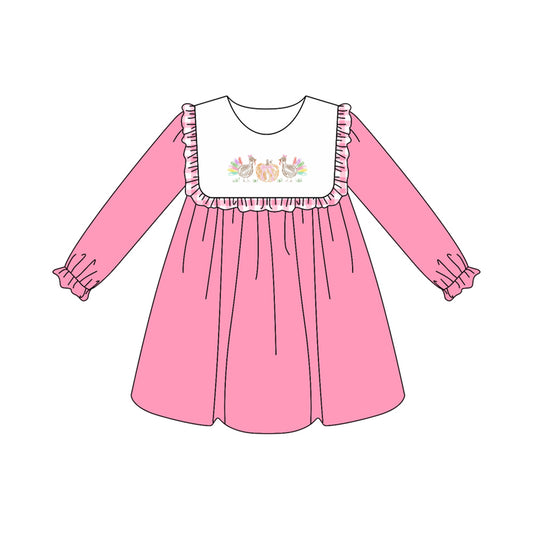 presale GLD1115  Baby Girls Pink Long Ruffle Sleeves Turkey Pumpkins Knee Length Dresses D 6.3
