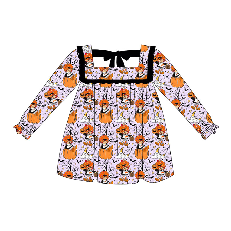 presale GLD1116 Baby Girls Lavender Long Ruffle Sleeves Ghost Pumpkins Knee Length Dresses  D 6.3