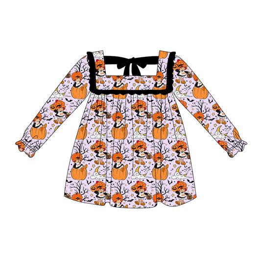 presale GLD1116 Baby Girls Lavender Long Ruffle Sleeves Ghost Pumpkins Knee Length Dresses  D 6.3
