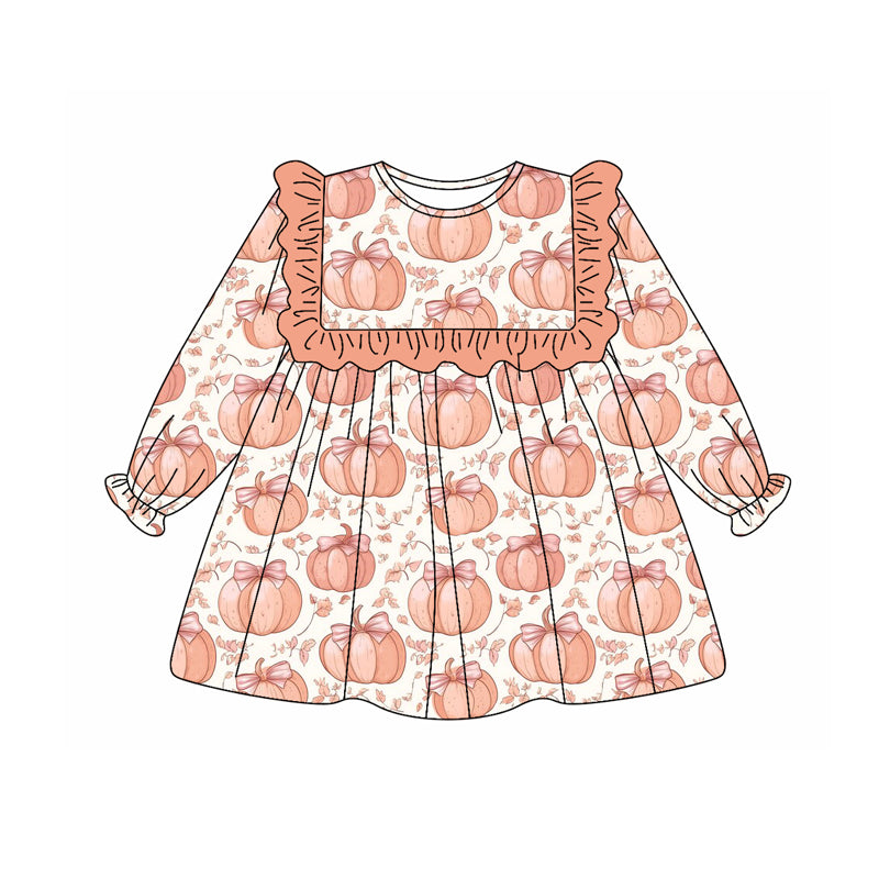 presale GLD1117  Baby Girls Long Ruffle Sleeves Bows Pumpkins Plaid Knee Length Dress D 6.7