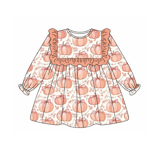 presale GLD1117  Baby Girls Long Ruffle Sleeves Bows Pumpkins Plaid Knee Length Dress D 6.7