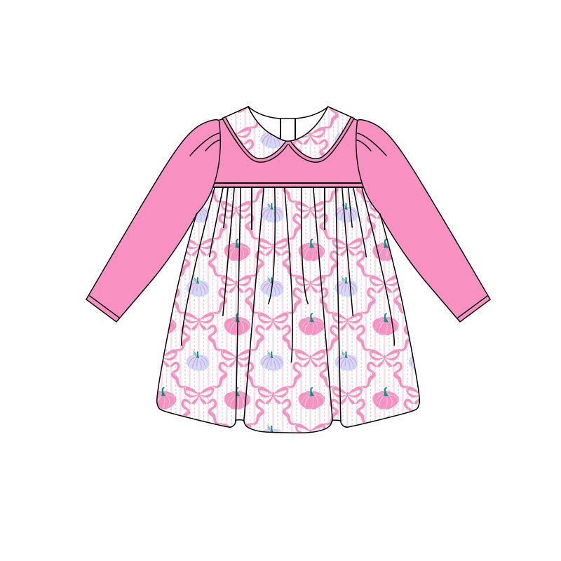 presale GLD1118 Baby Girls Pink Long Sleeves Bows Pumpkins Plaid Knee Length Dress  D 6.7