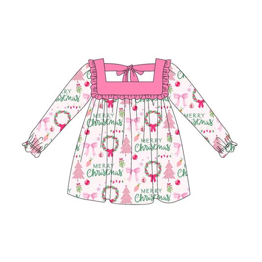 presale GLD1119  Baby Girls Long Ruffle Sleeves Christmas Bows Trees Knee Length Dress  D 6.7