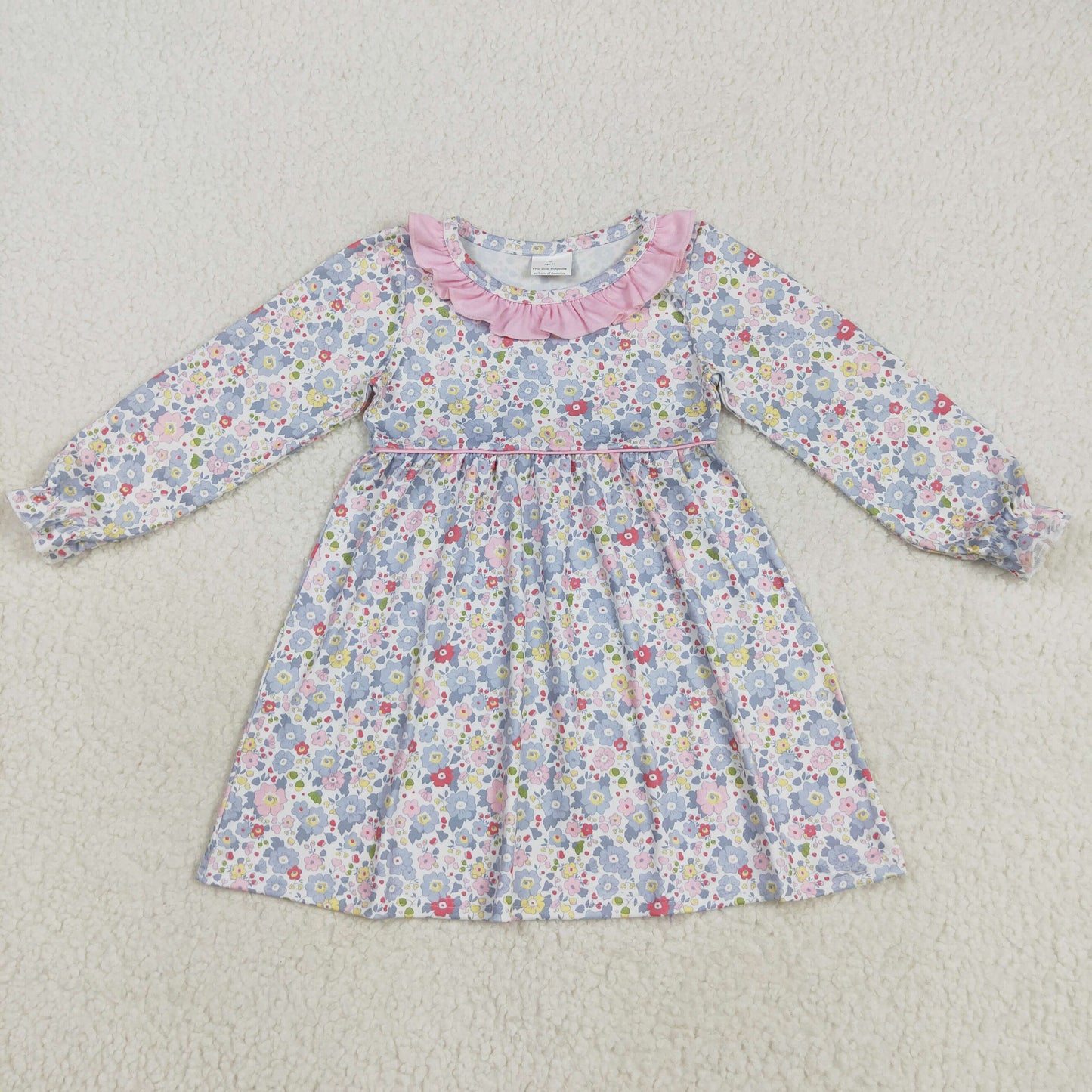 GLD1120  Baby Girls Long Ruffle Sleeves Blue Floral Knee Length Dress D 8.2