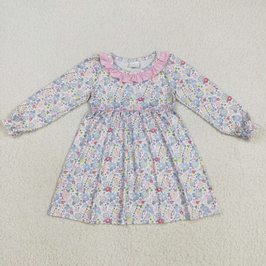 GLD1120 Baby Girls Long Ruffle Sleeves Blue Floral Knee Length Dress D 8.2