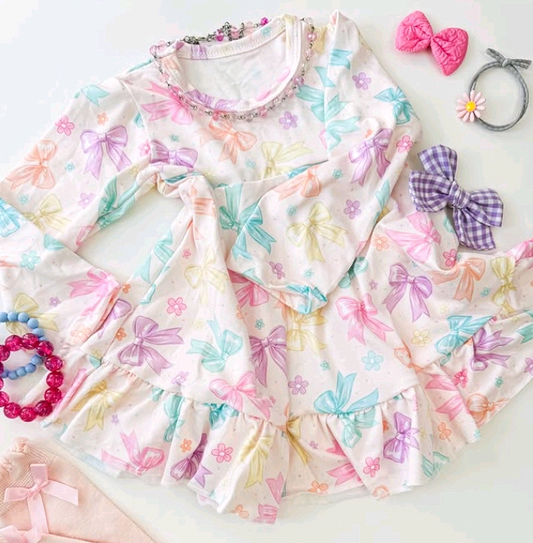presale GLD1121 Baby Girls Pink Long Sleeves Colorful Bows Plaid Knee Length Dress  D 6.10