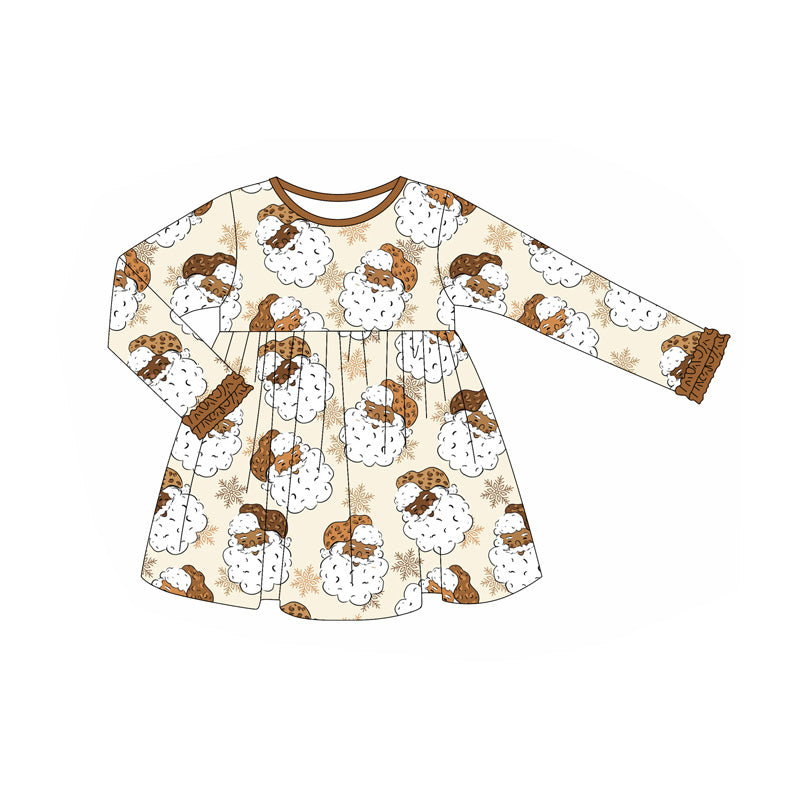 presale GLD1122 Baby Girls Long Ruffle Sleeves Khaki Santa Snowflake Knee Length Dress  D 6.10