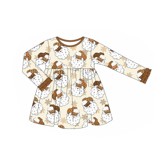 presale GLD1122 Baby Girls Long Ruffle Sleeves Khaki Santa Snowflake Knee Length Dress D 6.10