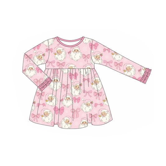 presale GLD1123  Baby Girls Long Ruffle Sleeves Pink Santa Bows Plaid Knee Length Dress D 6.10