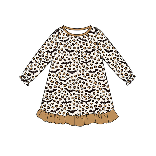 presale GLD1125 Baby Girls Long Ruffle Sleeves Leopard Bats Knee Length Dresses D 6.11