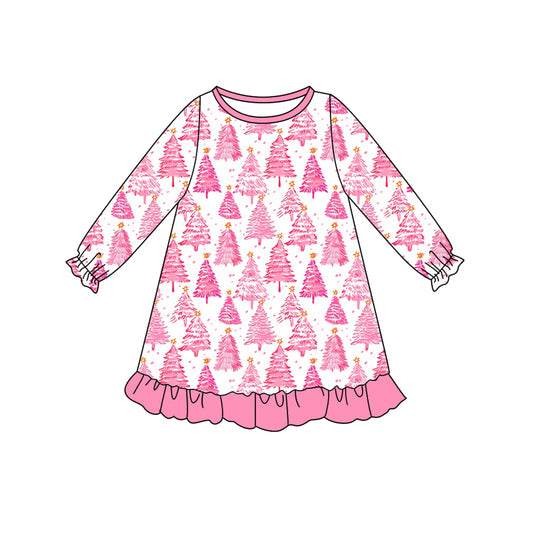 presale GLD1126 Baby Girls Long Ruffle Sleeves Pink Trees Plaid Knee Length Dresses   D 6.11
