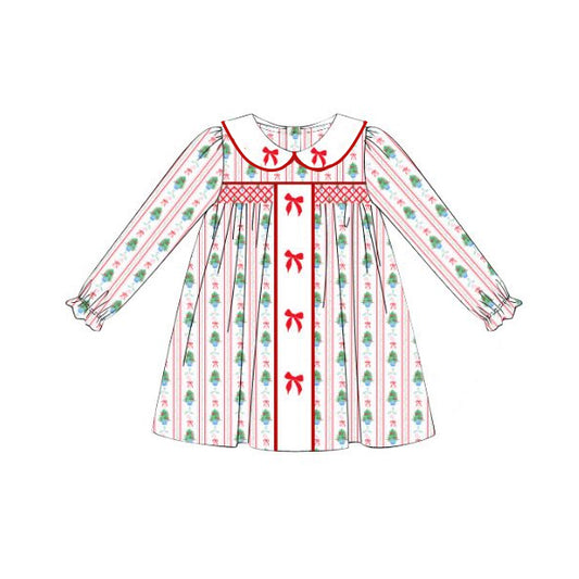 presale GLD1127  Baby Girls Long Ruffle Sleeves Red Green Bows Stripe Knee Length Dresses D 6.11