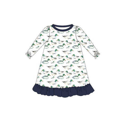 presale GLD1128 Baby Girls Long Ruffle Sleeves Ducks Plaid Knee Length Dresses   D 6.14