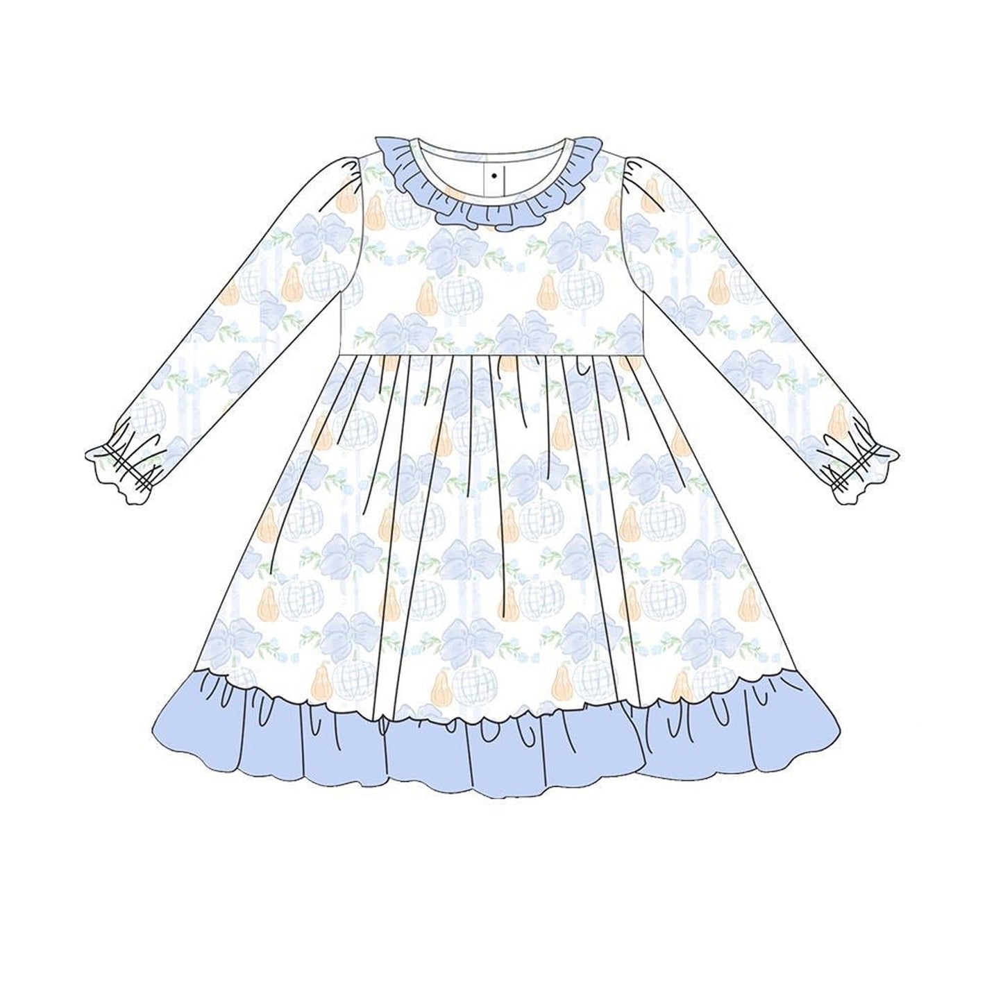 GLD1129  Baby Girls Long Ruffle Sleeves Pumpkins Plaid Knee Length Dresses  D 8.9