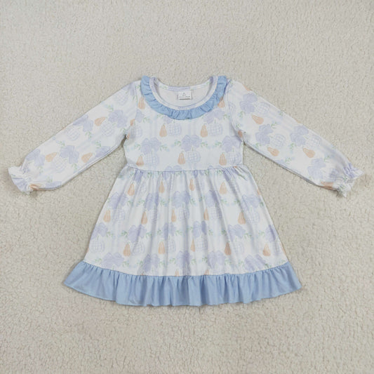GLD1129  Baby Girls Long Ruffle Sleeves Pumpkins Plaid Knee Length Dresses  D 8.9