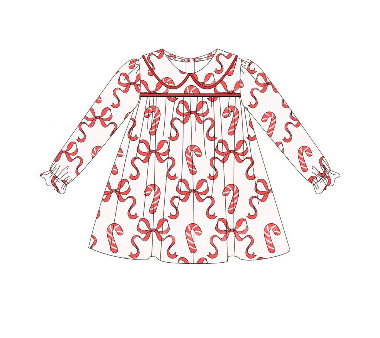 GLD1130 Baby Girls Long Ruffle Sleeves Red Bows Candy Cane Plaid Knee Length Dresses  D 7.14