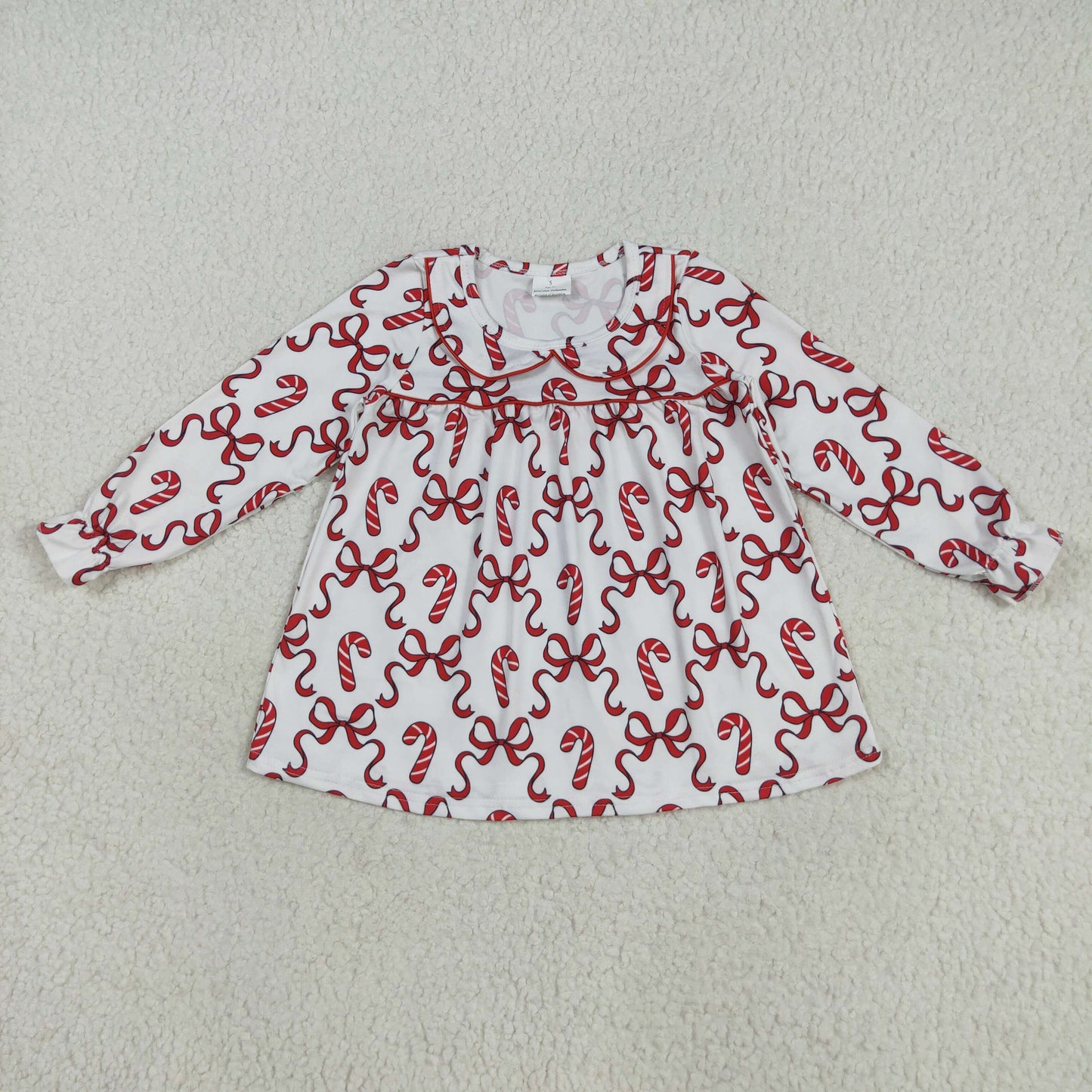 GLD1130 Baby Girls Long Ruffle Sleeves Red Bows Candy Cane Plaid Knee Length Dresses  D 7.14