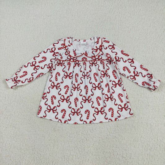 GLD1130 Baby Girls Long Ruffle Sleeves Red Bows Candy Cane Plaid Knee Length Dresses  D 7.14