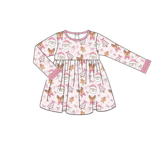 presale  GLD1131 Baby Girls Long Ruffle Sleeves Pink Santa Trees Knee Length Dresses  D 6.14