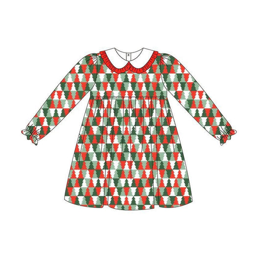 presale GLD1132 Baby Girls Long Ruffle Sleeves Red Green Trees Plaid Knee Length Dresses  D 6.14