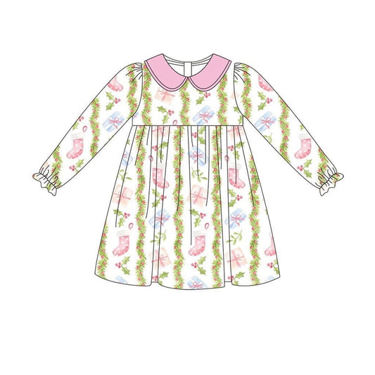 presale GLD1133 Baby Girls Long Ruffle Sleeves Gifts Floral Stripe Knee Length Dresses D 6.14