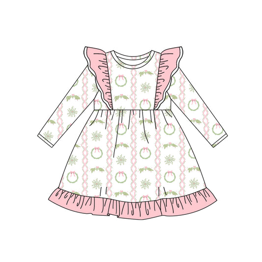 presale GLD1141 Baby Girls Long Sleeves Pink Bows Holly Ruffle Knee Length Dresses  D 6.17
