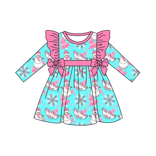 presale GLD1142 Baby Girls Long Sleeves Snowman Trees Bows Knee Length Dresses D 6.17
