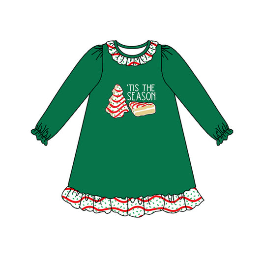 presale GLD1155 Baby Girls Green Long Ruffle Sleeves Red Stripe Trees Knee Length Dresses D 6.18