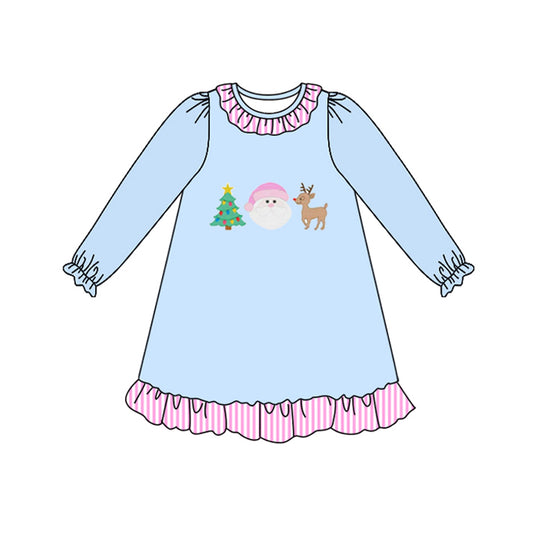 presale GLD1156 Baby Girls Light Blue Long Ruffle Sleeves Santa Trees Knee Length Dresses  D 6.19