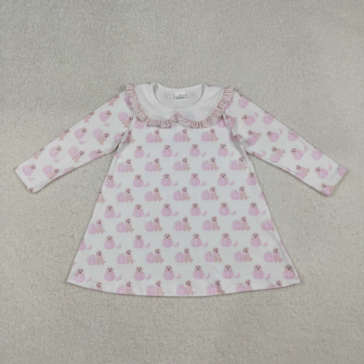 GLD1157 Baby Girls Long Ruffle Sleeves Pink Dog Pumpkins Knee Length Dresses  D 929