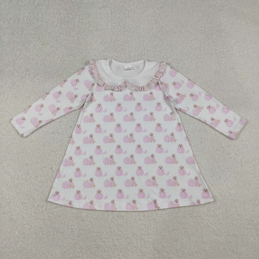 GLD1157 Baby Girls Long Ruffle Sleeves Pink Dog Pumpkins Knee Length Dresses D 929