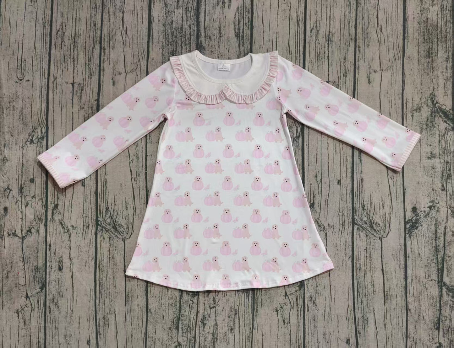 GLD1157 Baby Girls Long Ruffle Sleeves Pink Dog Pumpkins Knee Length Dresses  D 929