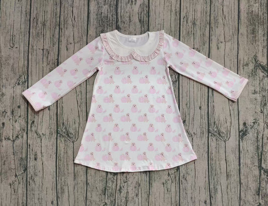 presale GLD1157 Baby Girls Long Ruffle Sleeves Pink Dog Pumpkins Knee Length Dresses  D 822