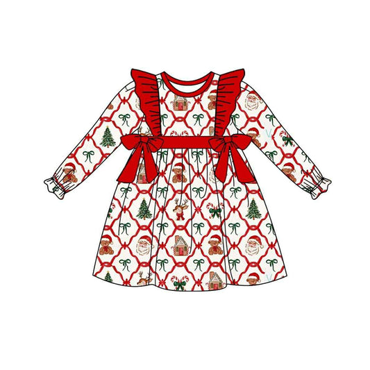 presale GLD1158 Baby Girls Long Ruffle Sleeves Bows Trees Plaid Knee Length Dresses  D 6.24