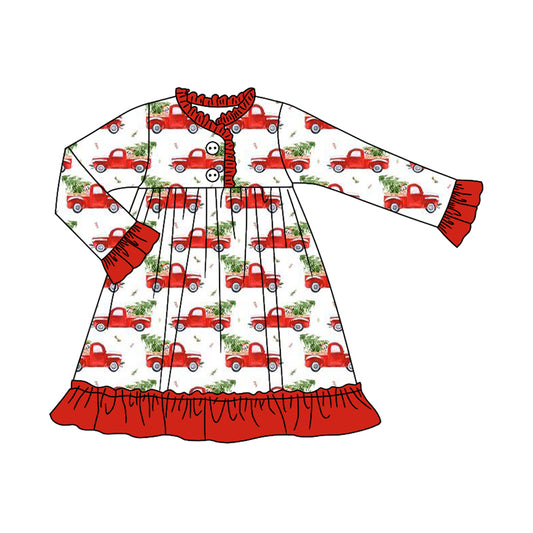 presale GLD1166 Baby Girls Long Sleeves Car Trees Button Ruffle Knee Length Dresses  D 6.25