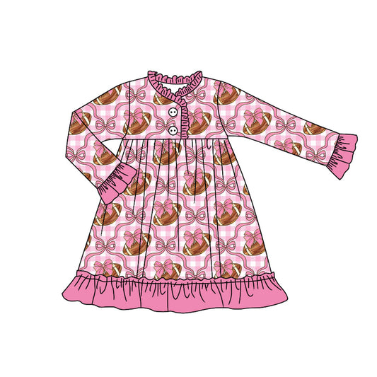 presale GLD1170 Baby Girls Long Sleeves Pink Bows Footballs Plaid Knee Length Dresses  D 6.25