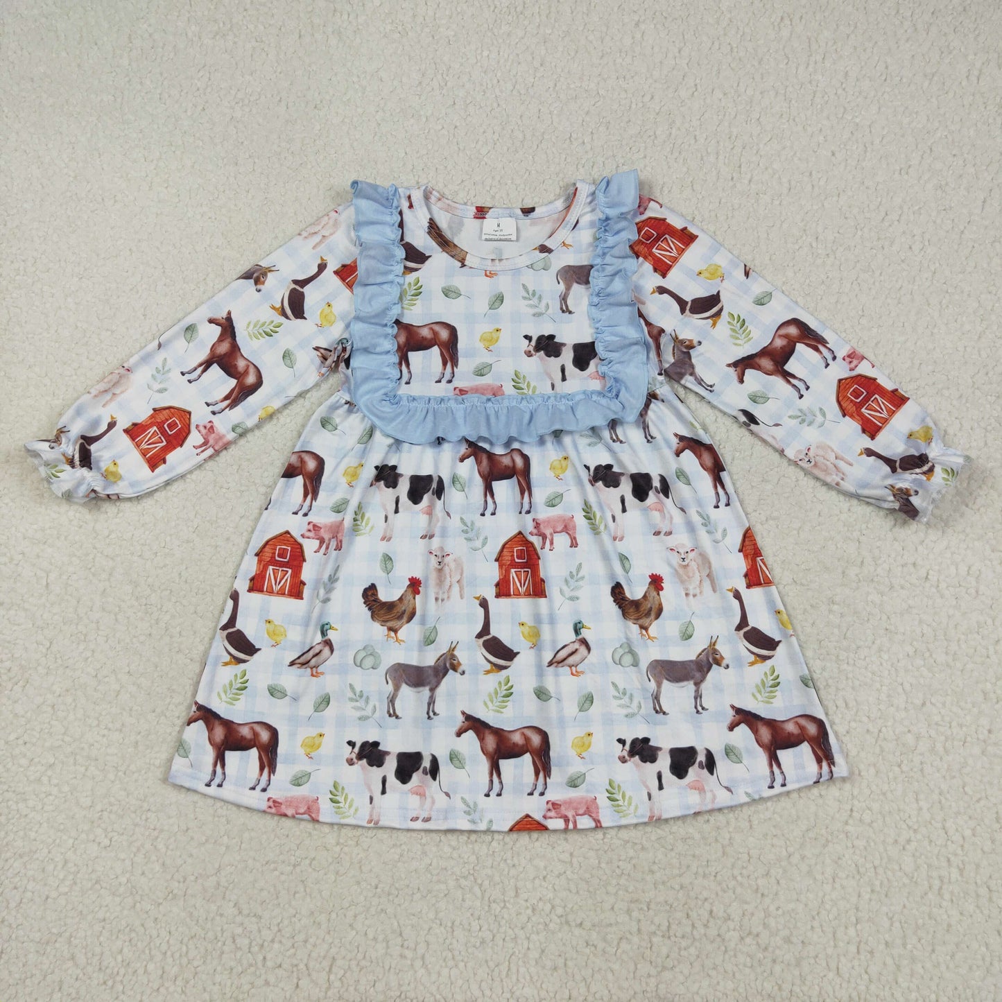GLD1171 Baby Girls Long Ruffle Sleeves Houses Chicks Farm Knee Length Dresses  D 7.21