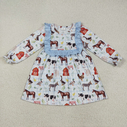 GLD1171 Baby Girls Long Ruffle Sleeves Houses Chicks Farm Knee Length Dresses D 7.21
