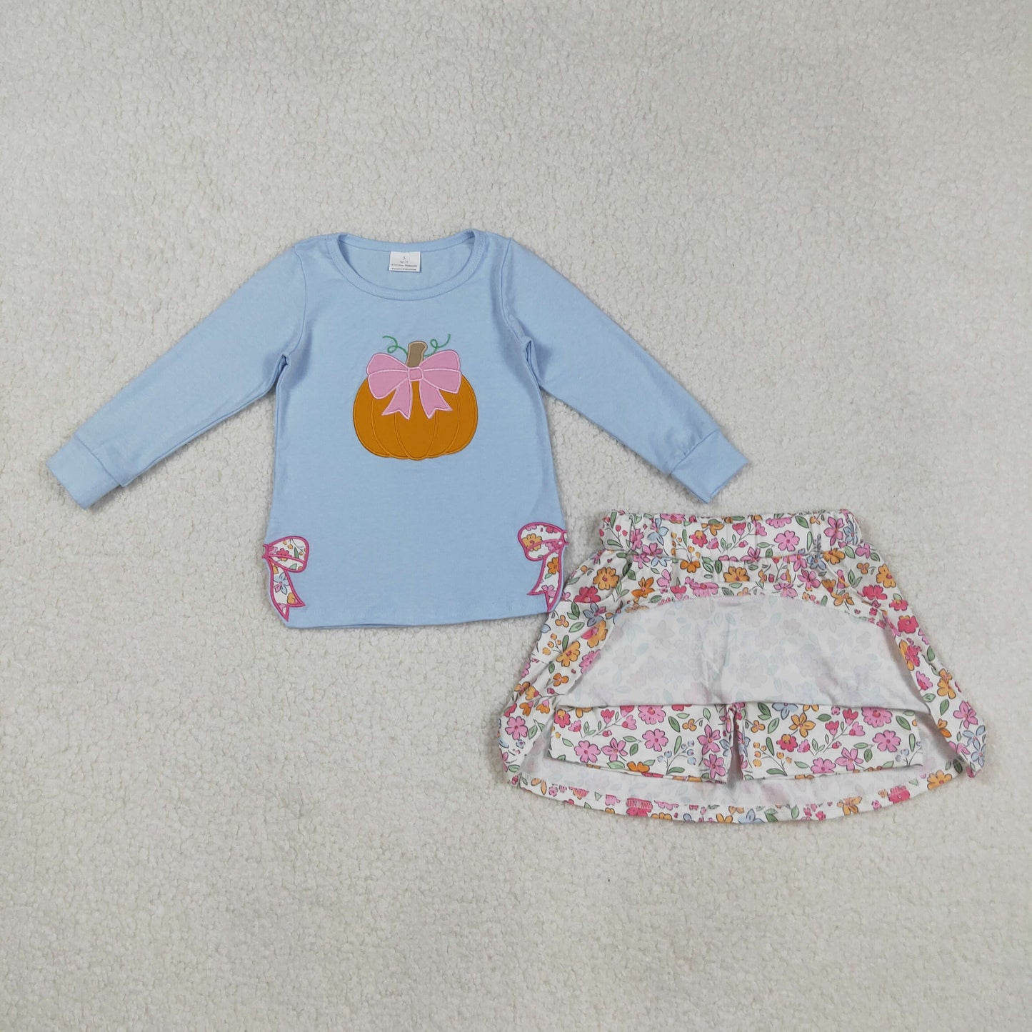 GLD1172  Baby Girls Blue Long Sleeves Bows Pumpkin Top Flowers Skorts Set D 903