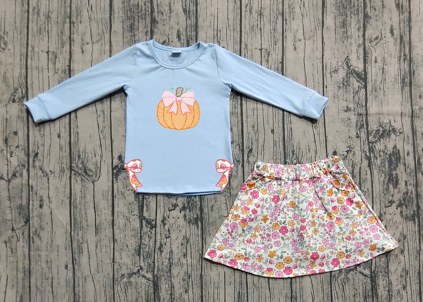 GLD1172  Baby Girls Blue Long Sleeves Bows Pumpkin Top Flowers Skorts Set D 903