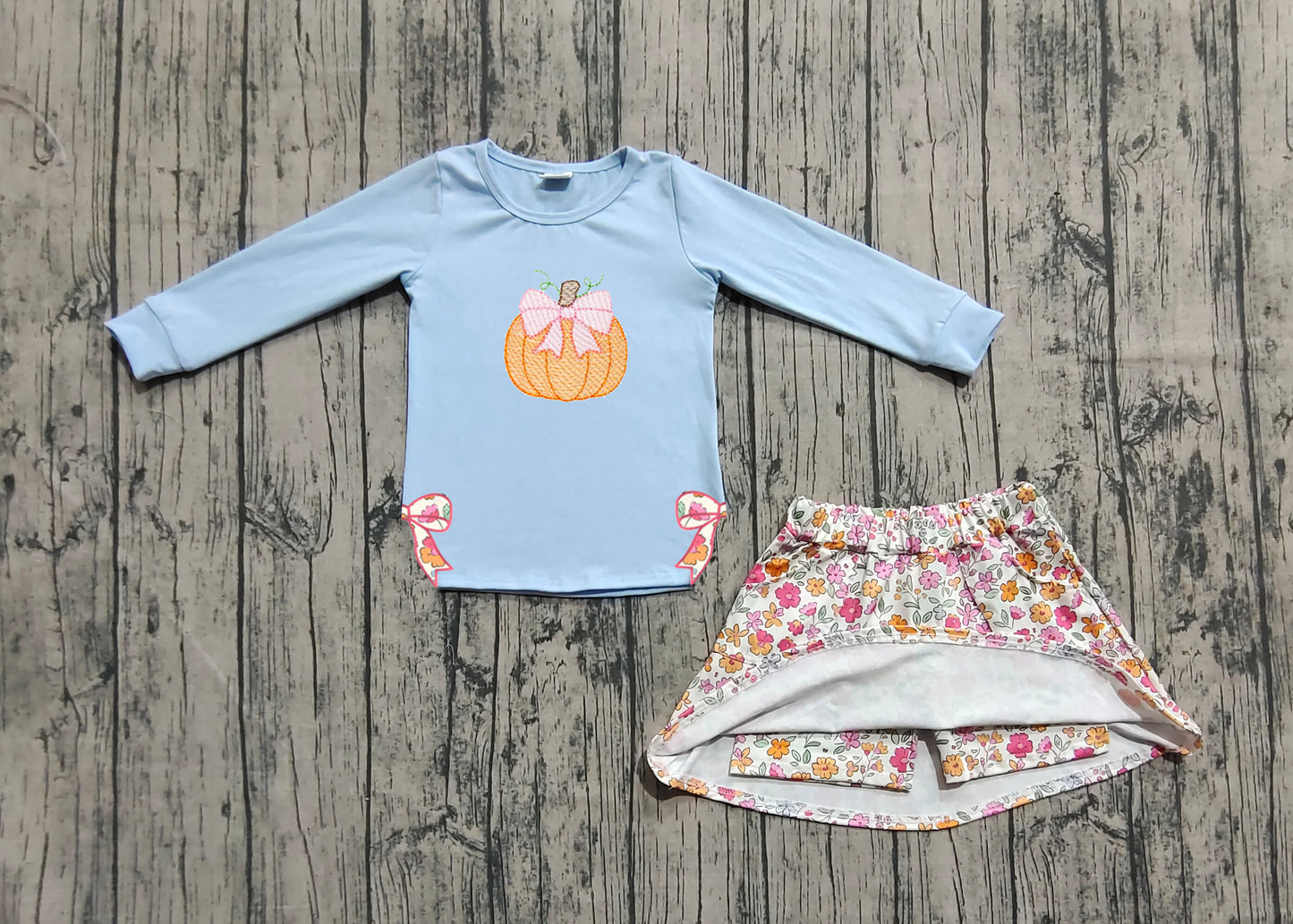 GLD1172  Baby Girls Blue Long Sleeves Bows Pumpkin Top Flowers Skorts Set D 903